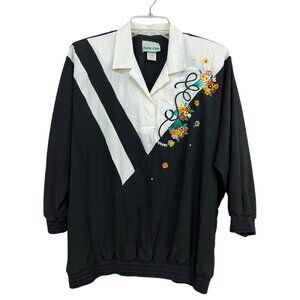 Vtg 80s Colorblock Top Dolman Sleeves XL Floral Embroidery Artsy Cottagecore 90s